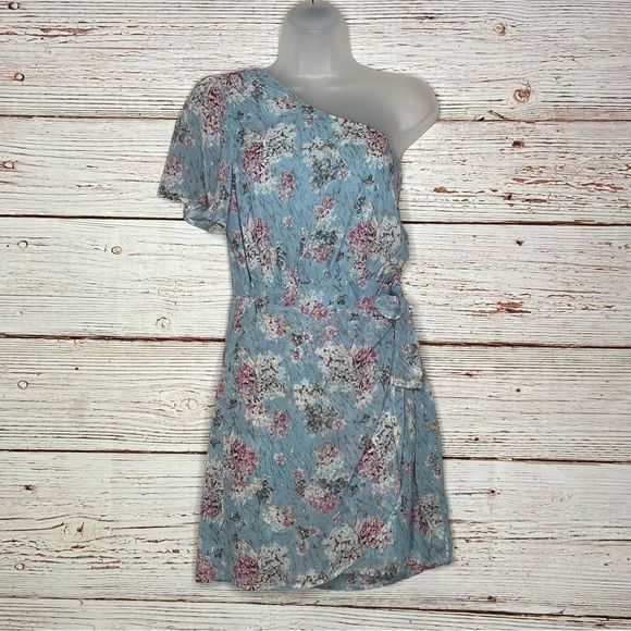 Lulus Way to Wow Dusty Blue Floral Print One Shoulder Faux-Wrap Dress Sz L - Picture 5 of 16
